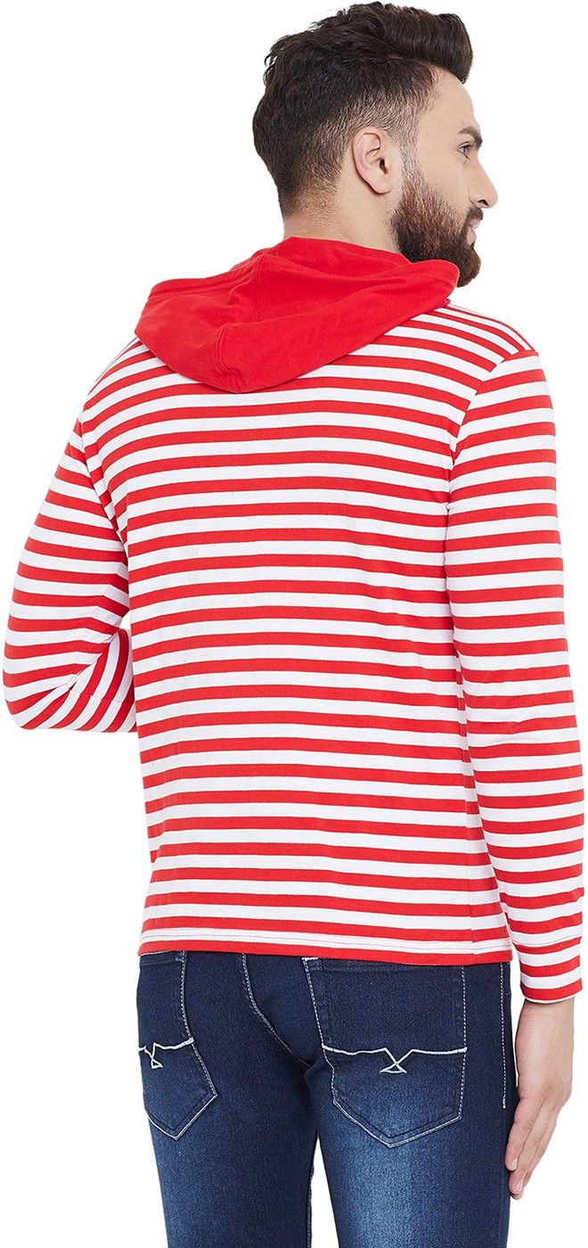 Red Striped Men Hooded Cotton T-Shirt