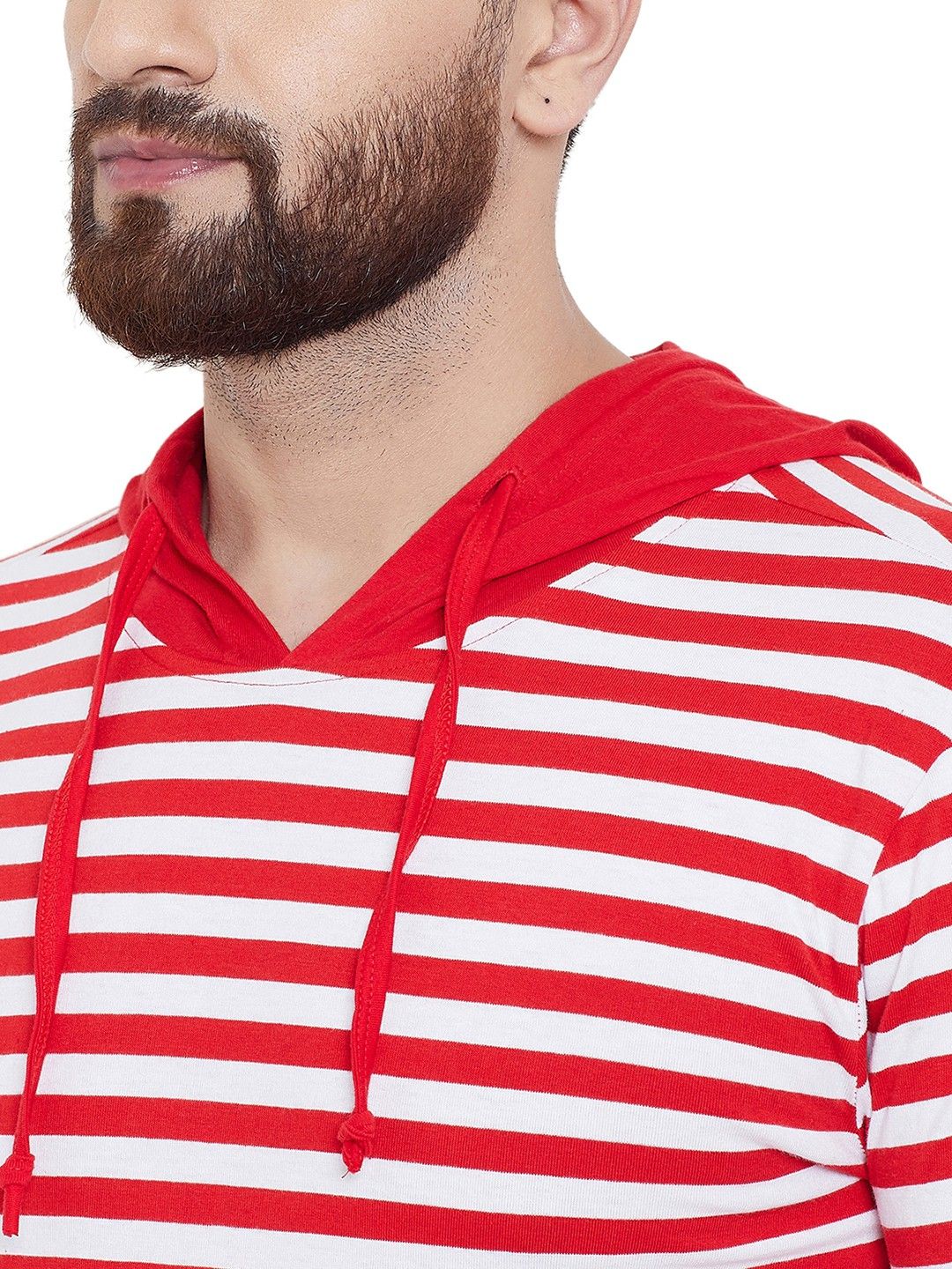 Red Striped Men Hooded Cotton T-Shirt