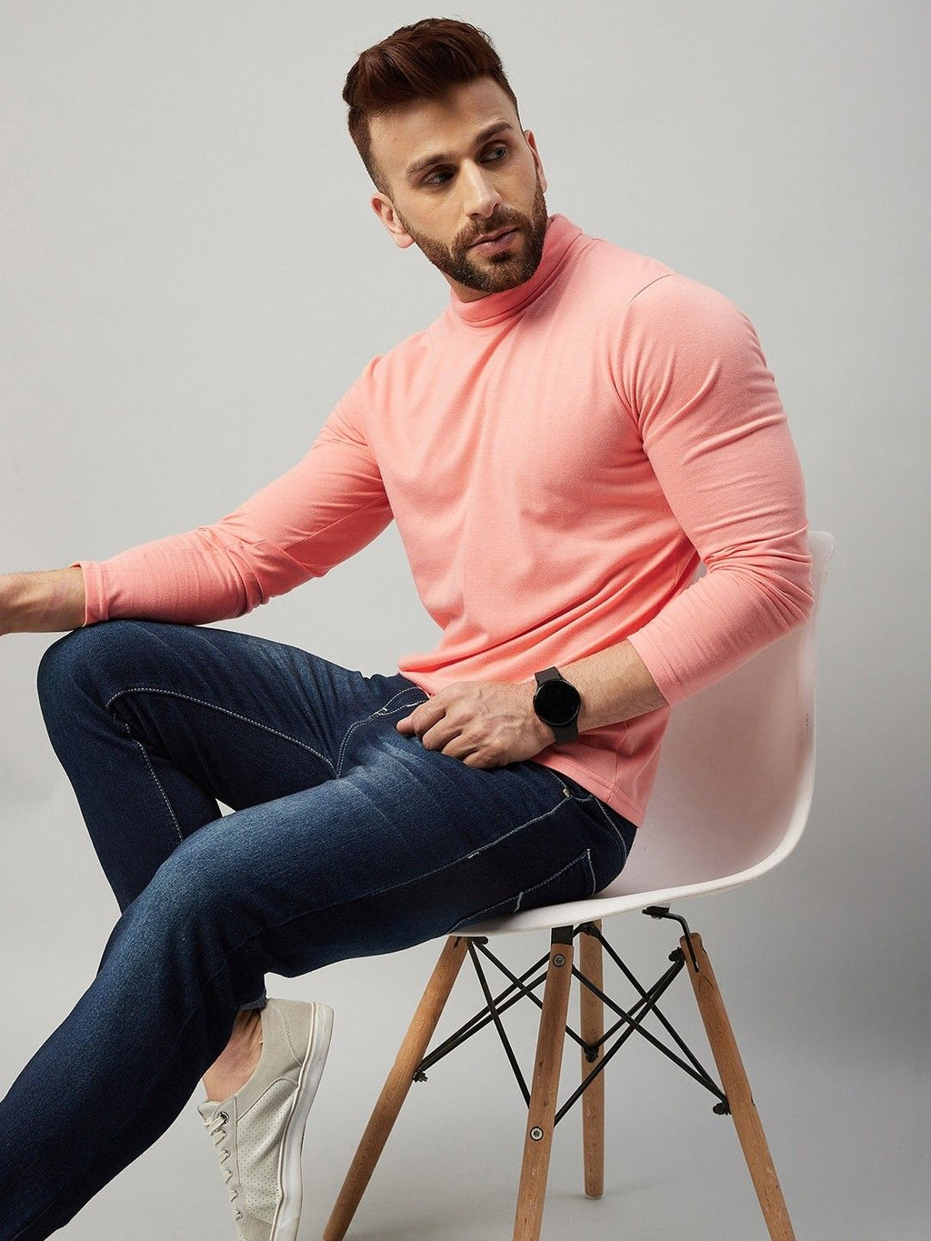 Pink Men Full Sleeve Cotton High Neck T-Shirt