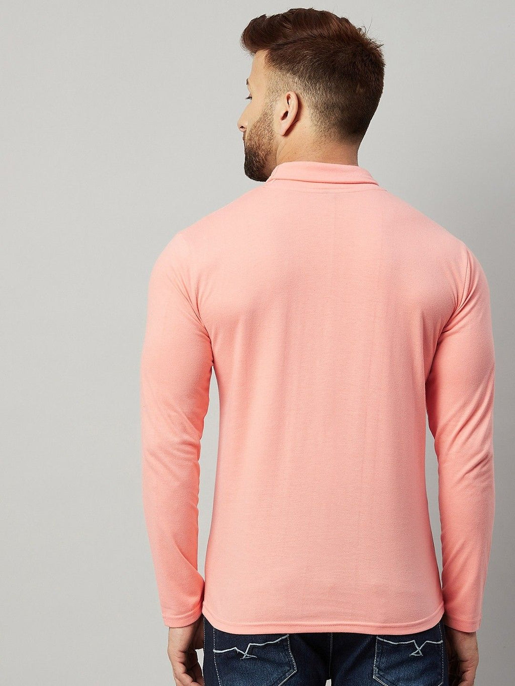 Pink Men Full Sleeve Cotton High Neck T-Shirt
