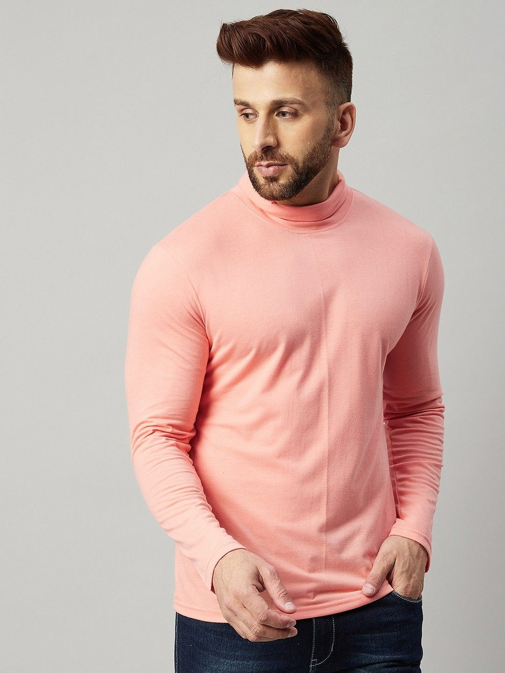 Pink Men Full Sleeve Cotton High Neck T-Shirt