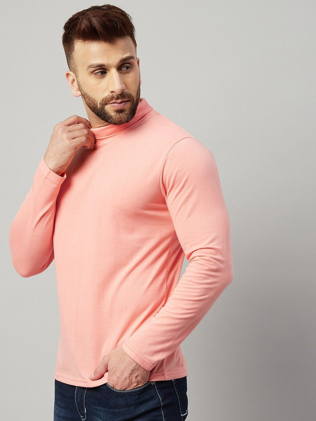 Pink Men Full Sleeve Cotton High Neck T-Shirt