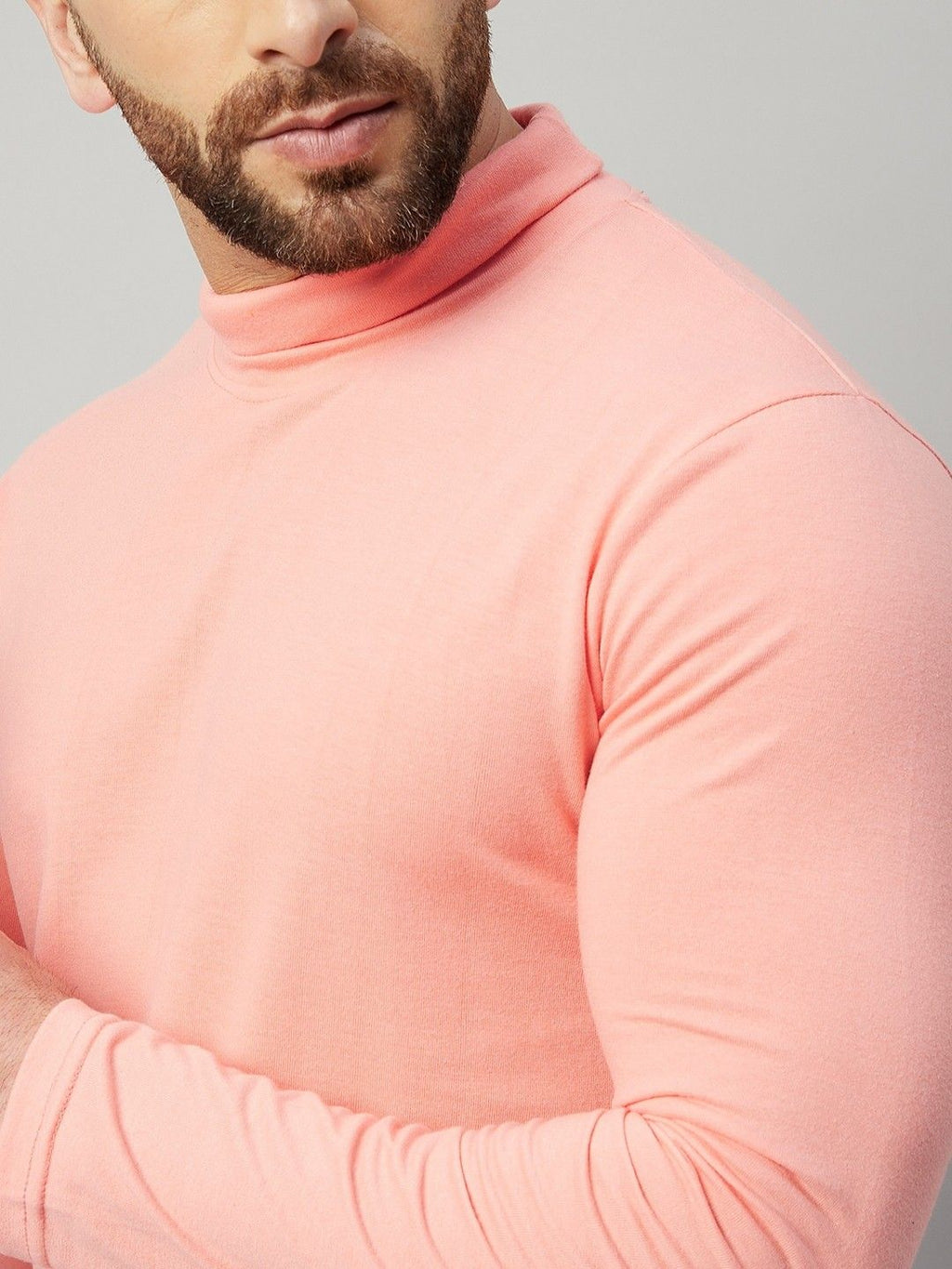 Pink Men Full Sleeve Cotton High Neck T-Shirt