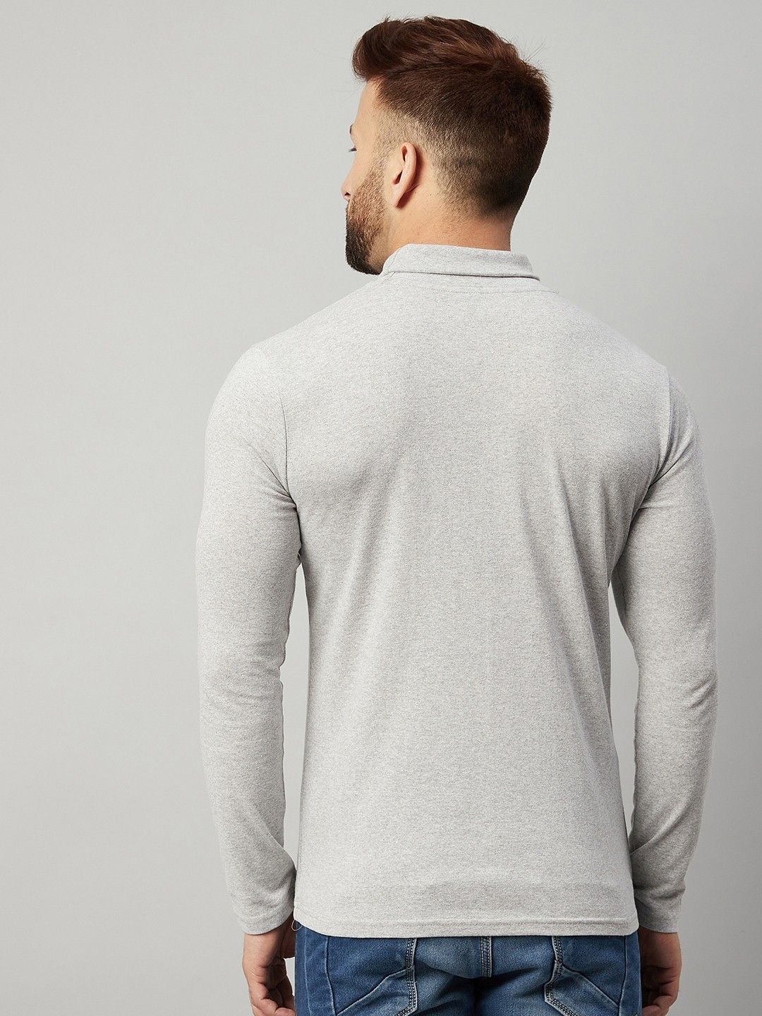 Grey Men Full Sleeve Cotton High Neck T-Shirt