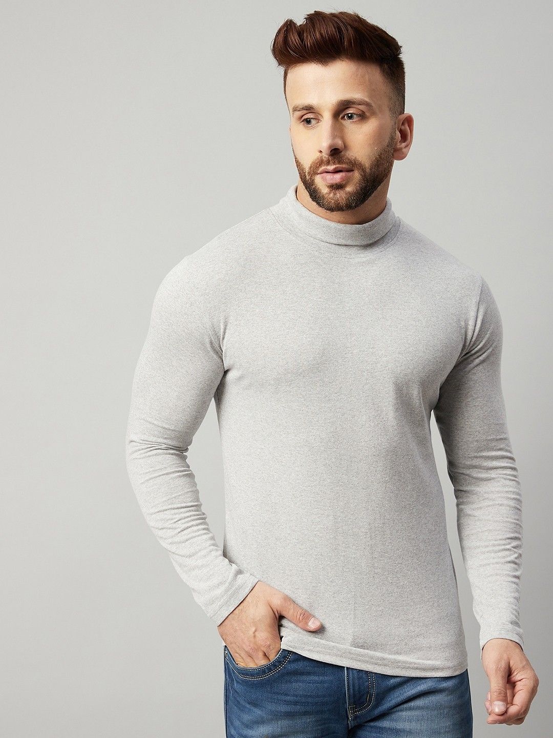 Grey Men Full Sleeve Cotton High Neck T-Shirt