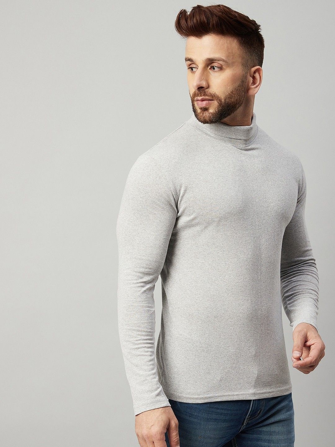 Grey Men Full Sleeve Cotton High Neck T-Shirt