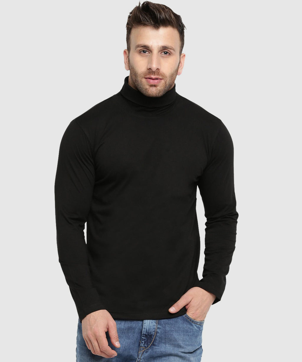 Black Men Full Sleeve Cotton High Neck T-Shirt