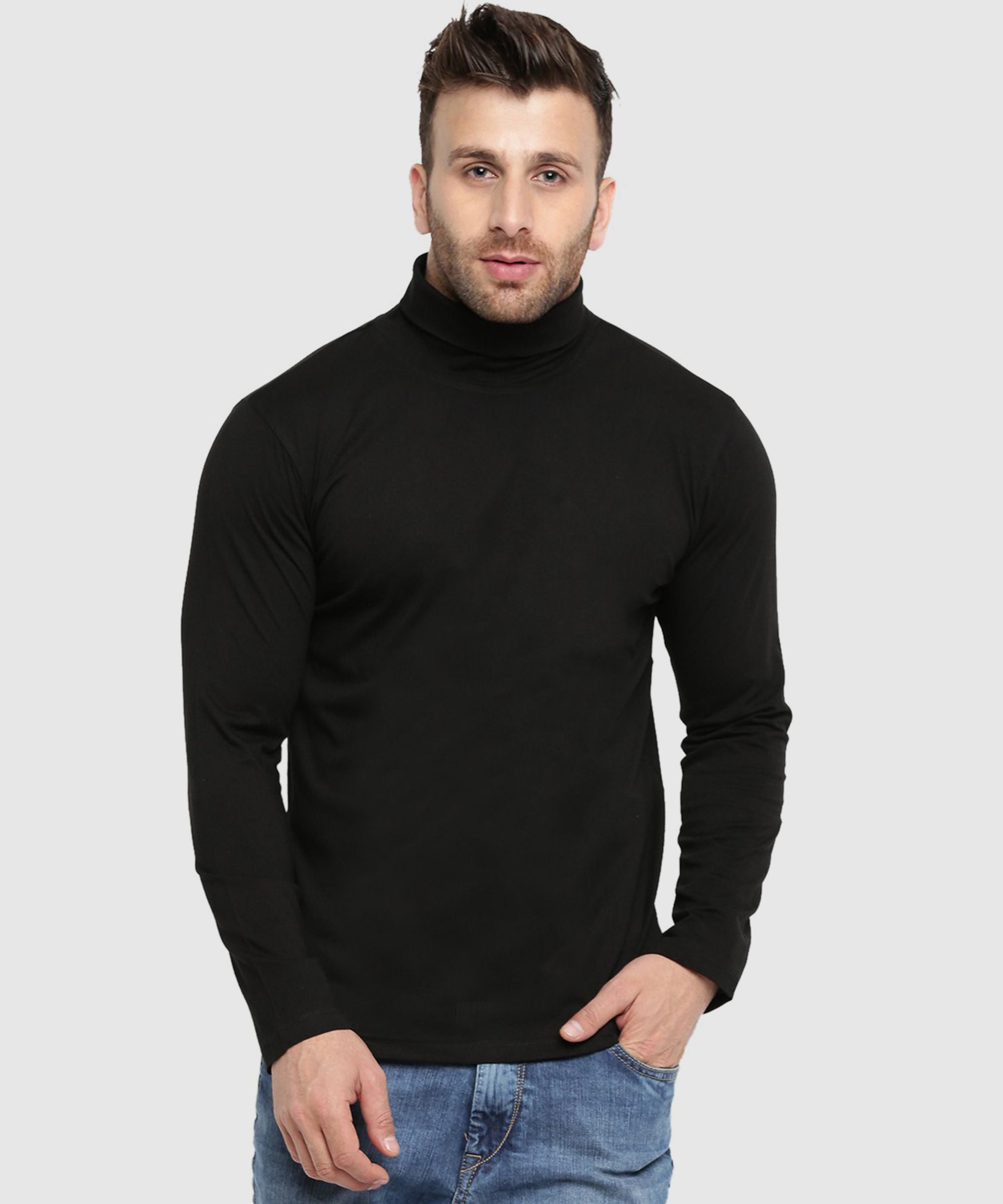 Black Men Full Sleeve Cotton High Neck T-Shirt