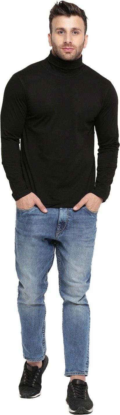 Black Men Full Sleeve Cotton High Neck T-Shirt