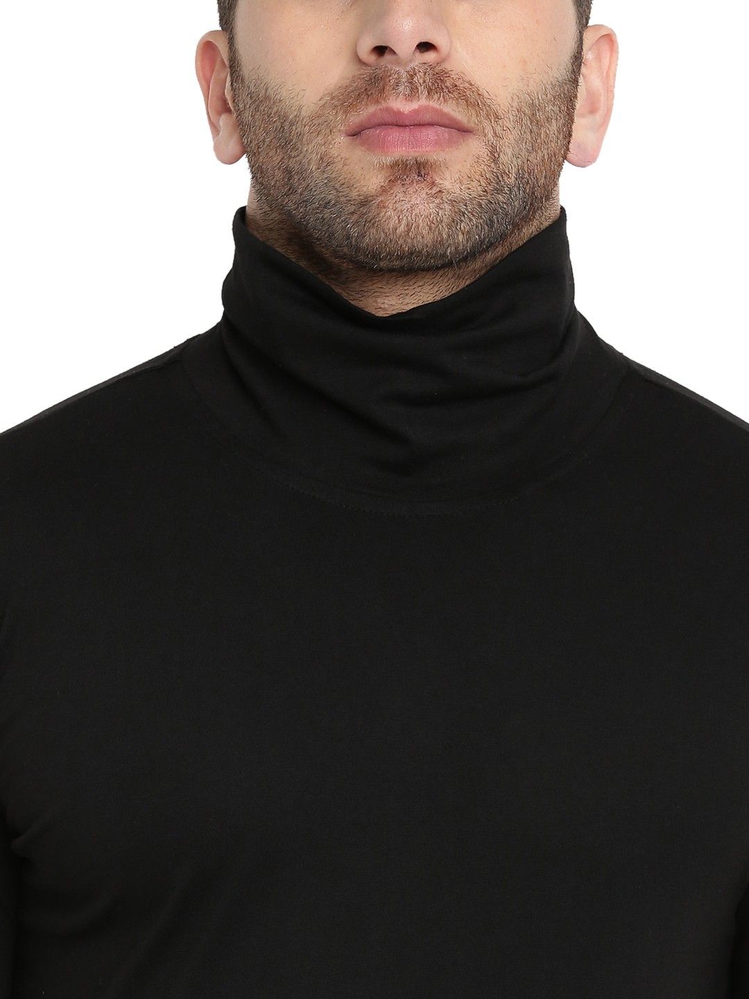 Black Men Full Sleeve Cotton High Neck T-Shirt