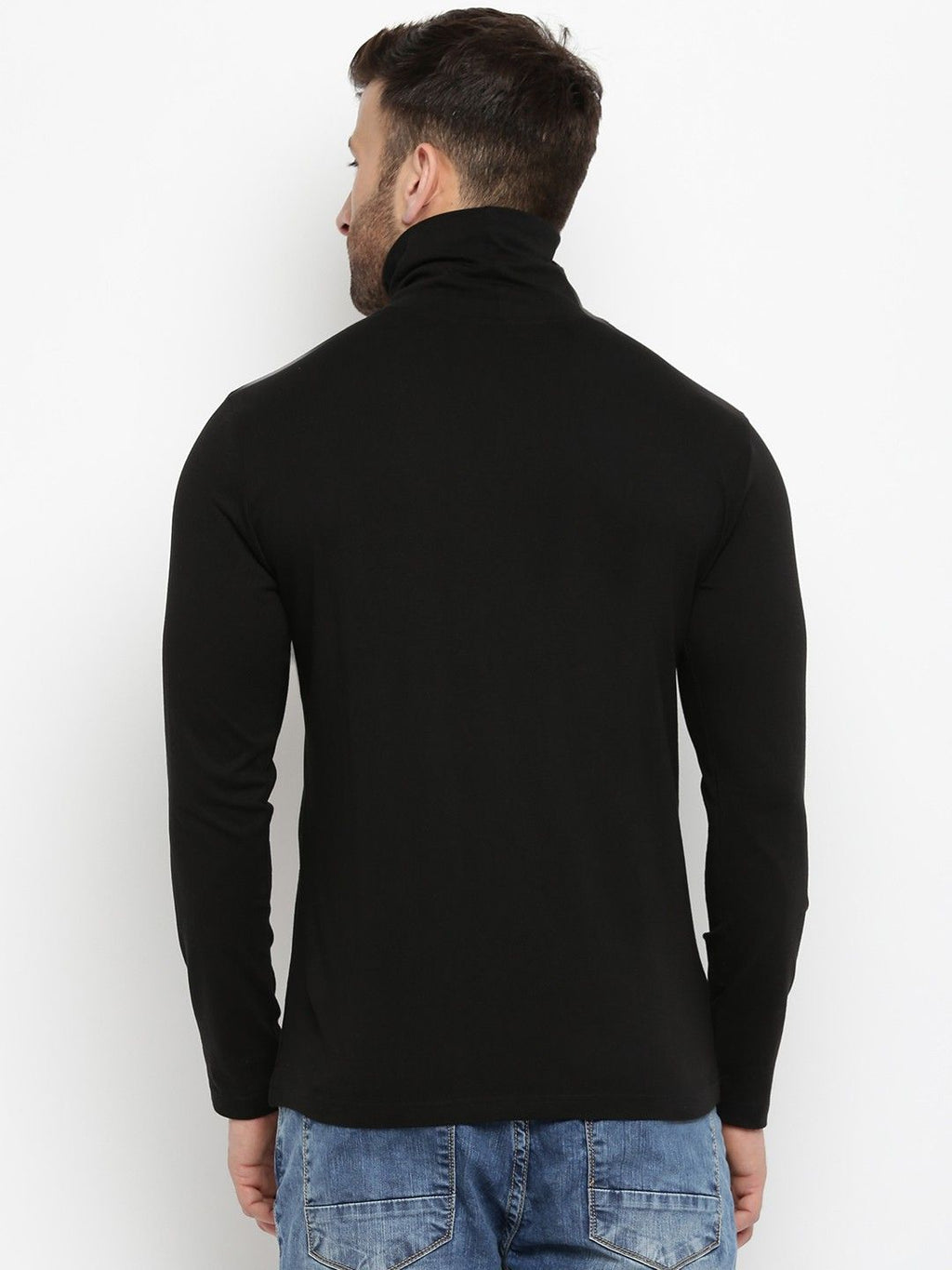 Black Men Full Sleeve Cotton High Neck T-Shirt