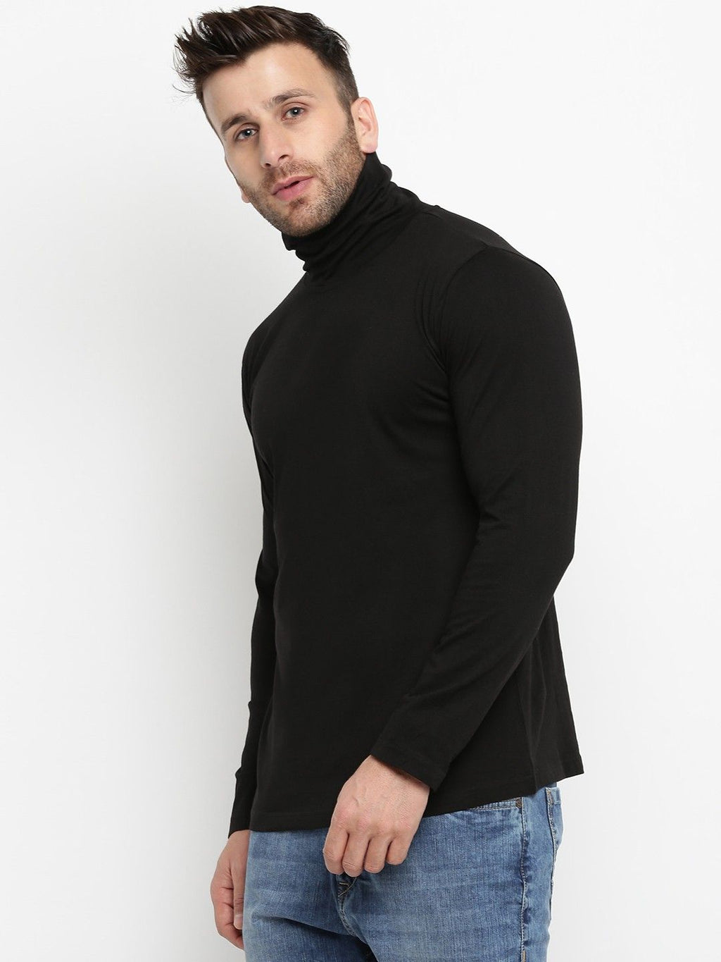 Black Men Full Sleeve Cotton High Neck T-Shirt