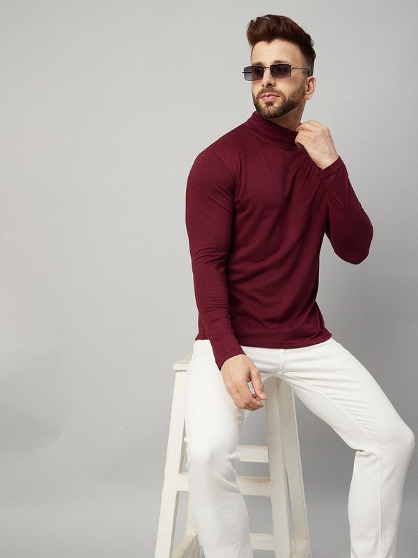Maroon Men Full Sleeve Cotton High Neck T-Shirt