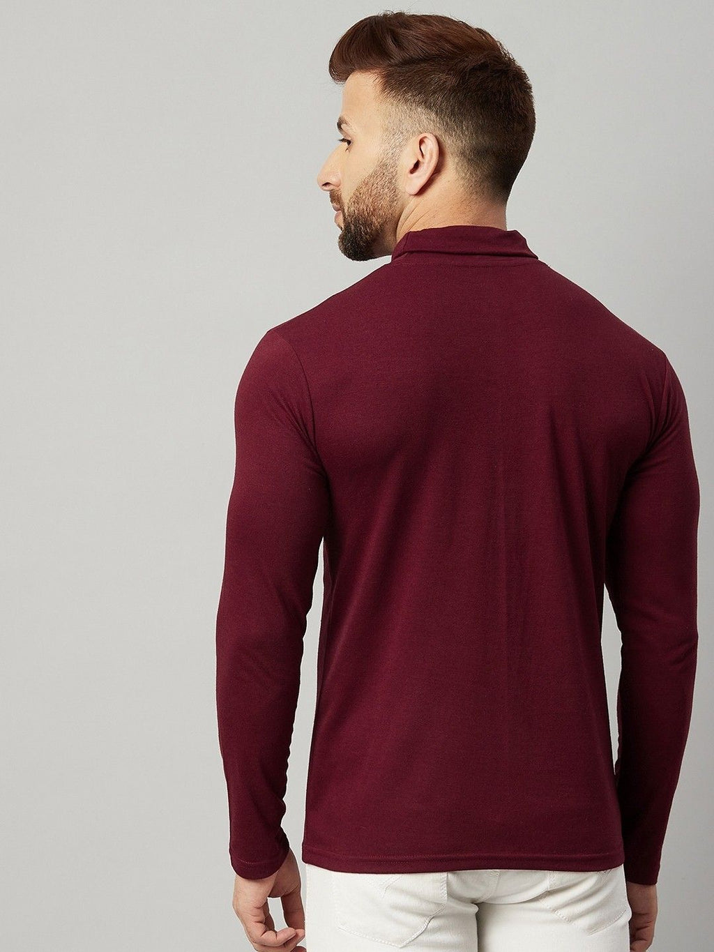 Maroon Men Full Sleeve Cotton High Neck T-Shirt