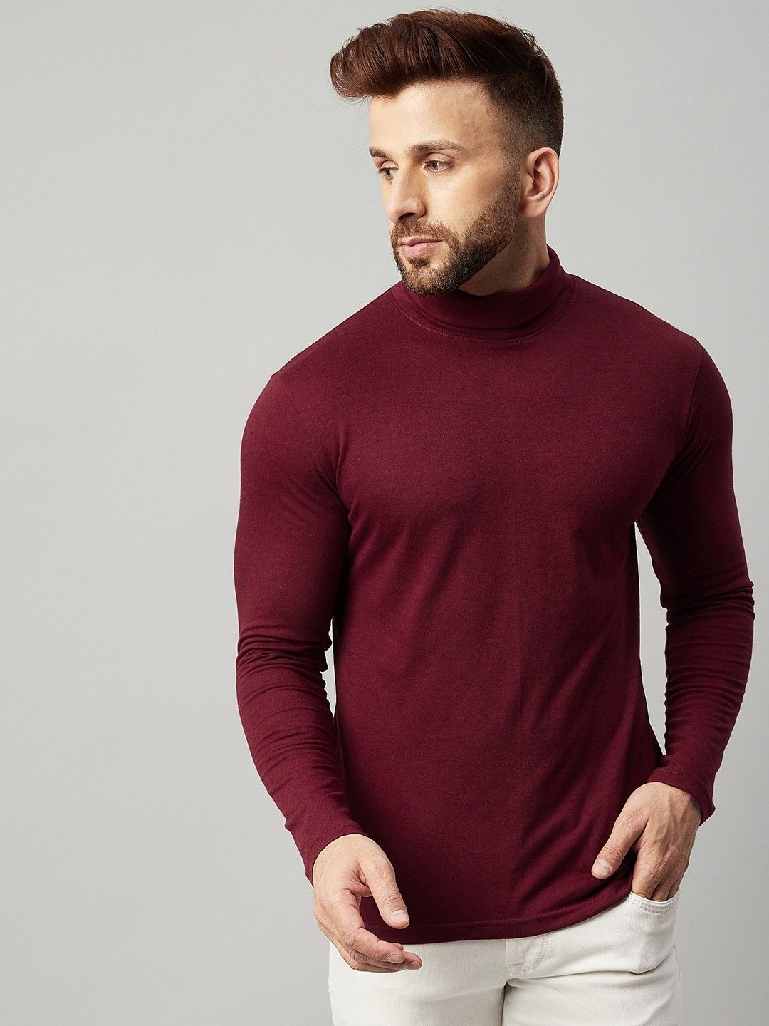 Maroon Men Full Sleeve Cotton High Neck T-Shirt