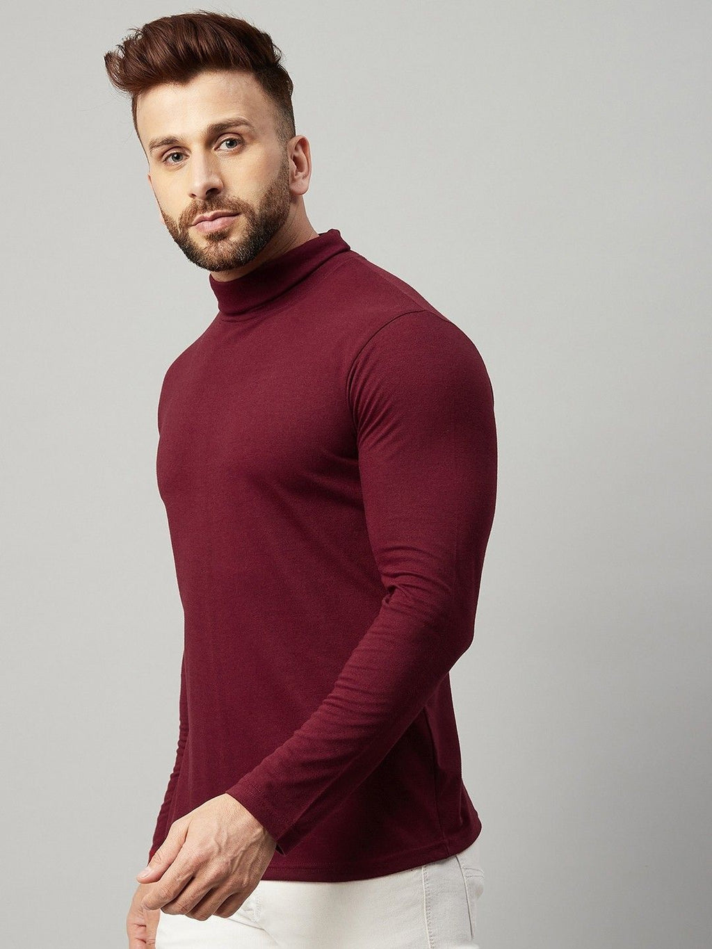 Maroon Men Full Sleeve Cotton High Neck T-Shirt