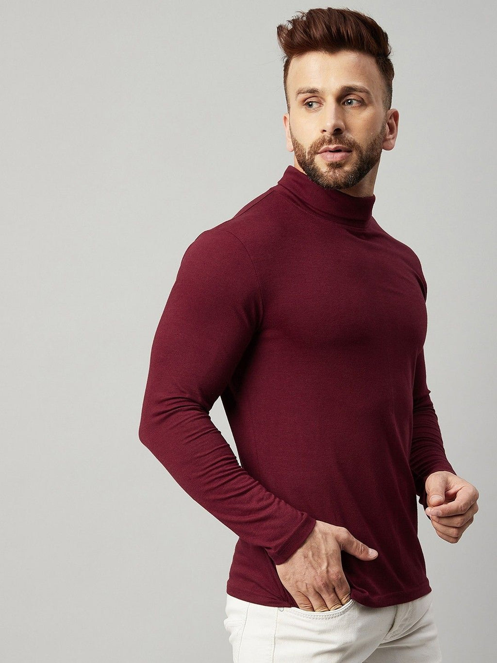 Maroon Men Full Sleeve Cotton High Neck T-Shirt