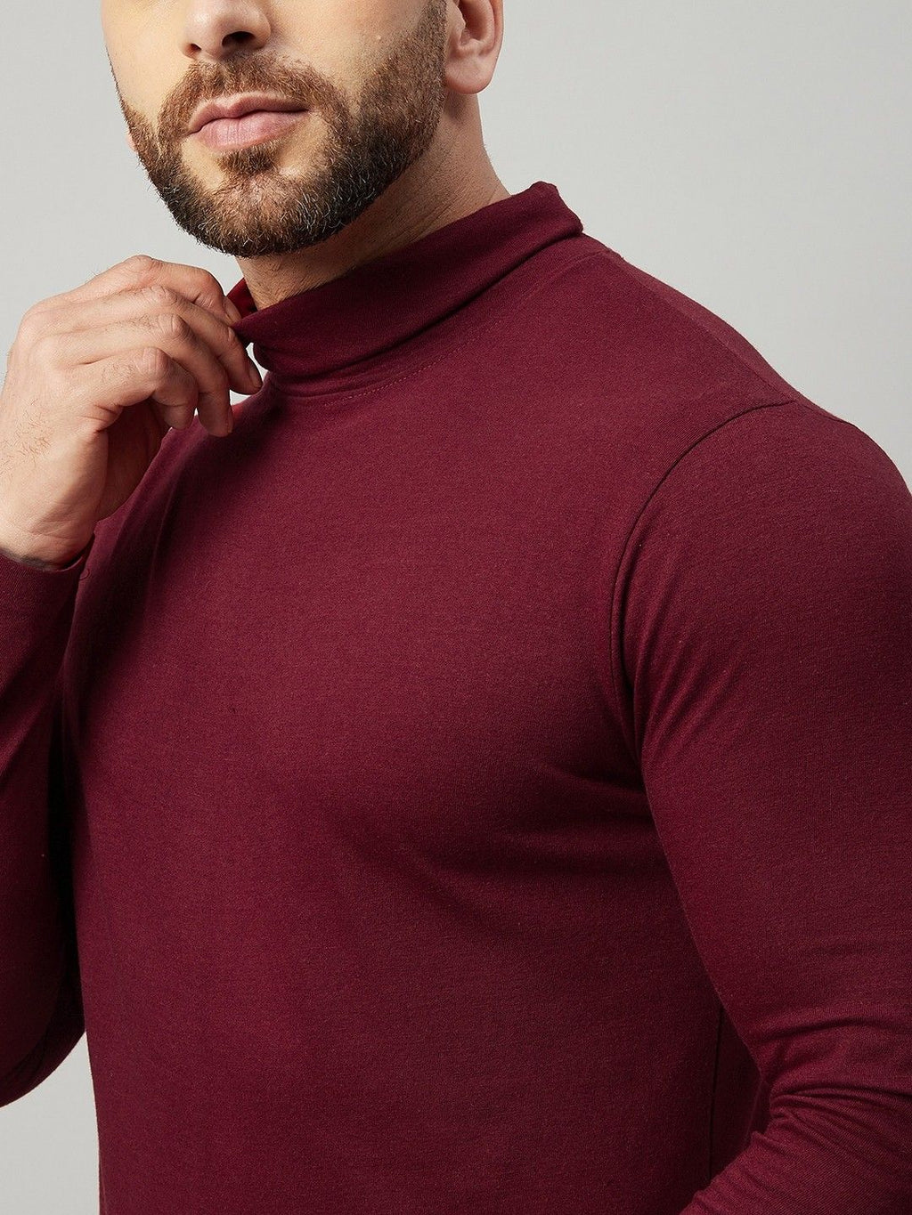 Maroon Men Full Sleeve Cotton High Neck T-Shirt