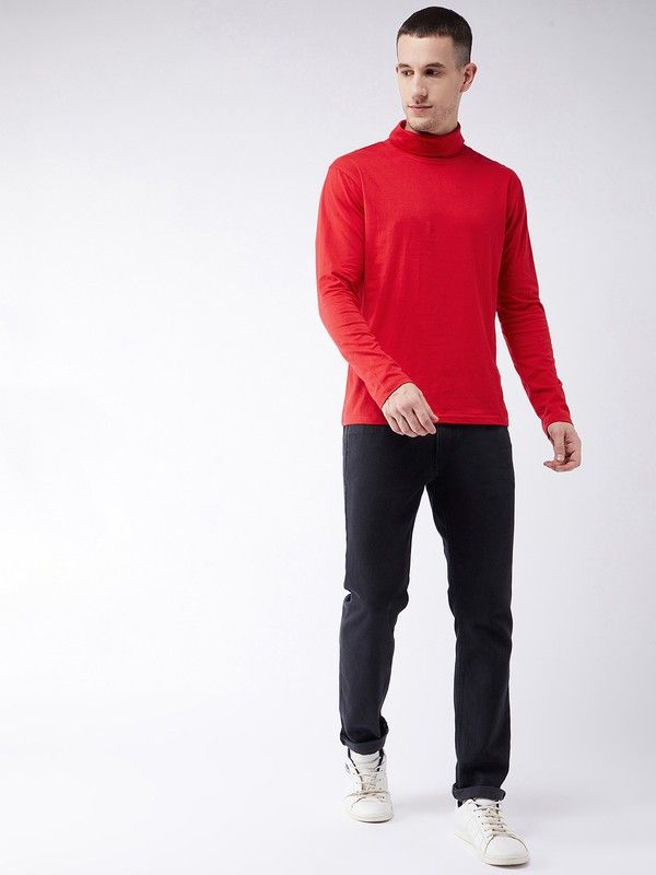 Red Men Full Sleeve Cotton High Neck T-Shirt