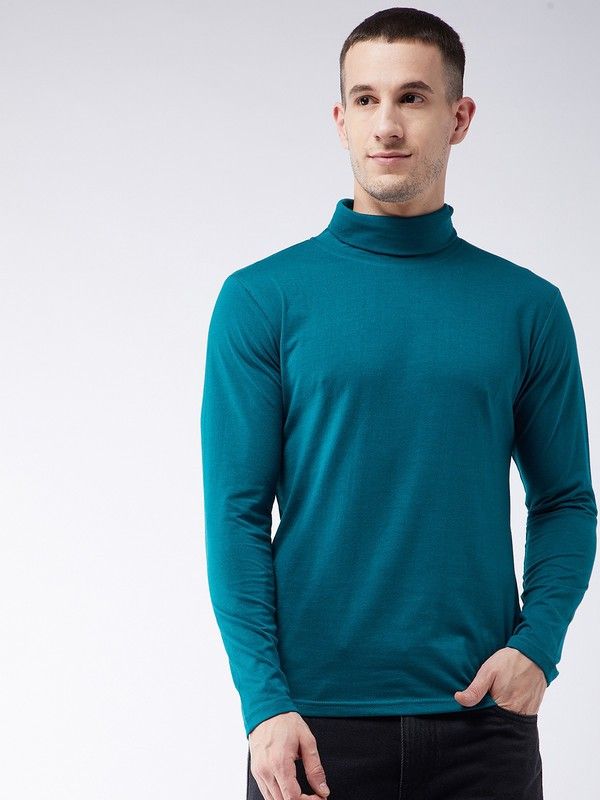 Turquoise Men Full Sleeve Cotton High Neck T-Shirt
