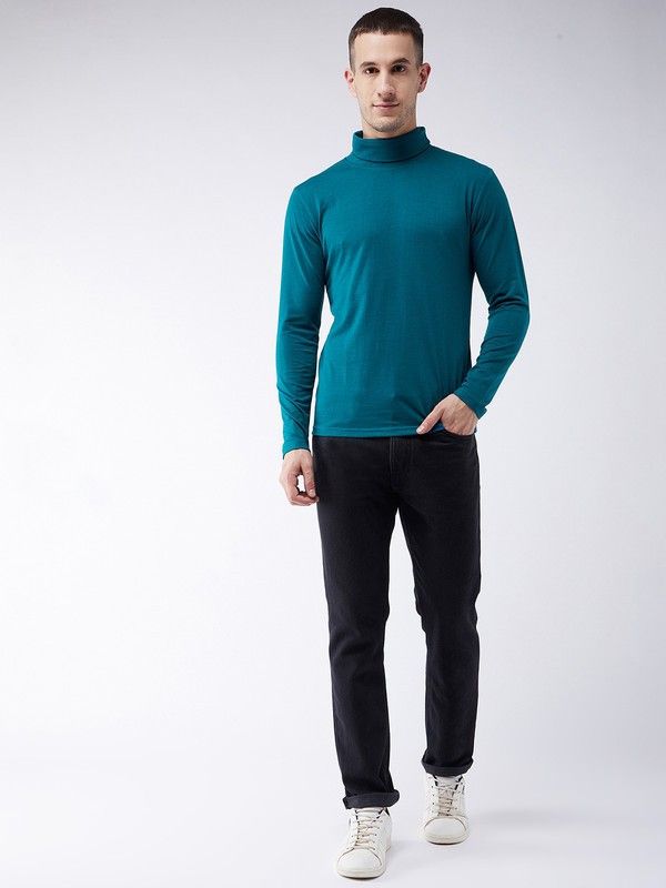 Turquoise Men Full Sleeve Cotton High Neck T-Shirt