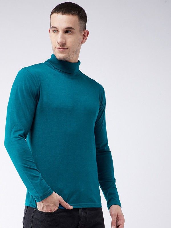 Turquoise Men Full Sleeve Cotton High Neck T-Shirt