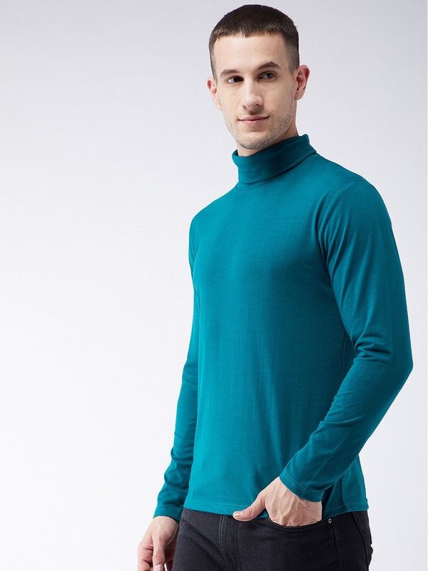 Turquoise Men Full Sleeve Cotton High Neck T-Shirt
