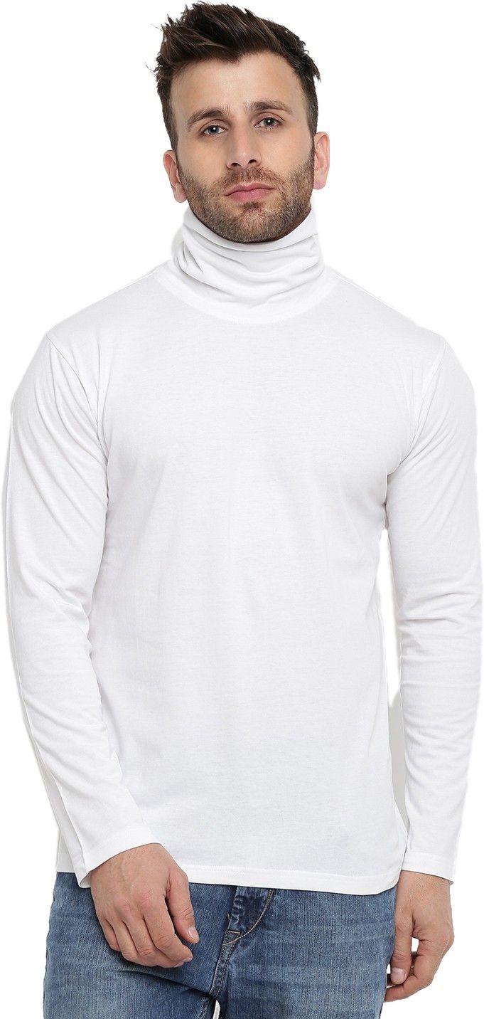White Men Full Sleeve Cotton High Neck T-Shirt