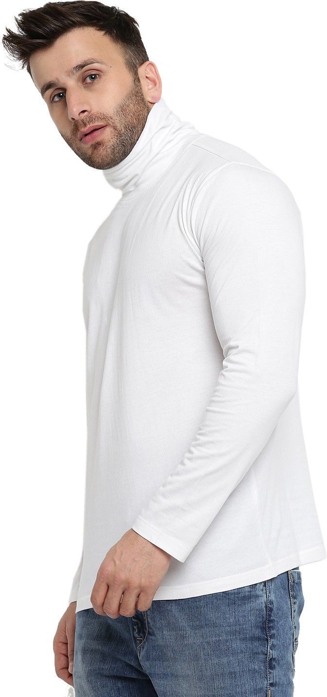 White Men Full Sleeve Cotton High Neck T-Shirt