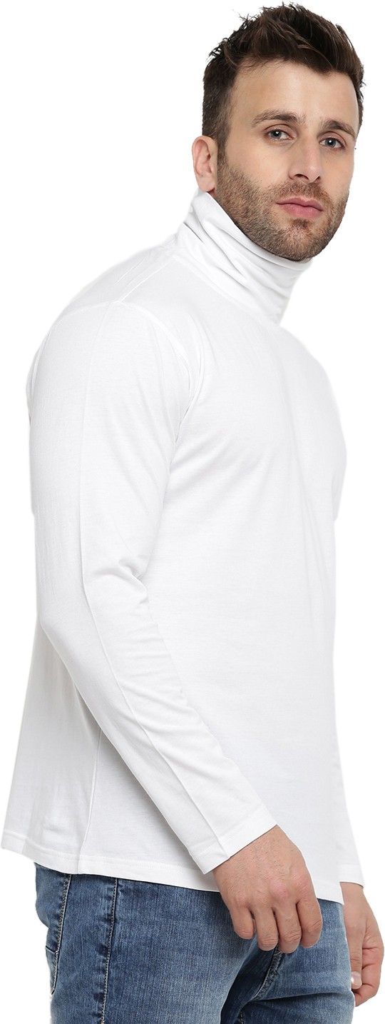White Men Full Sleeve Cotton High Neck T-Shirt