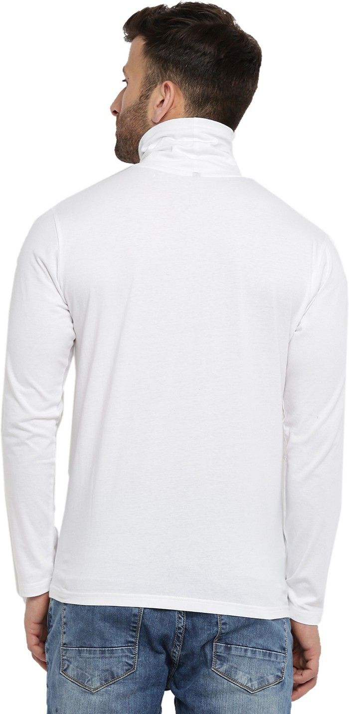 White Men Full Sleeve Cotton High Neck T-Shirt