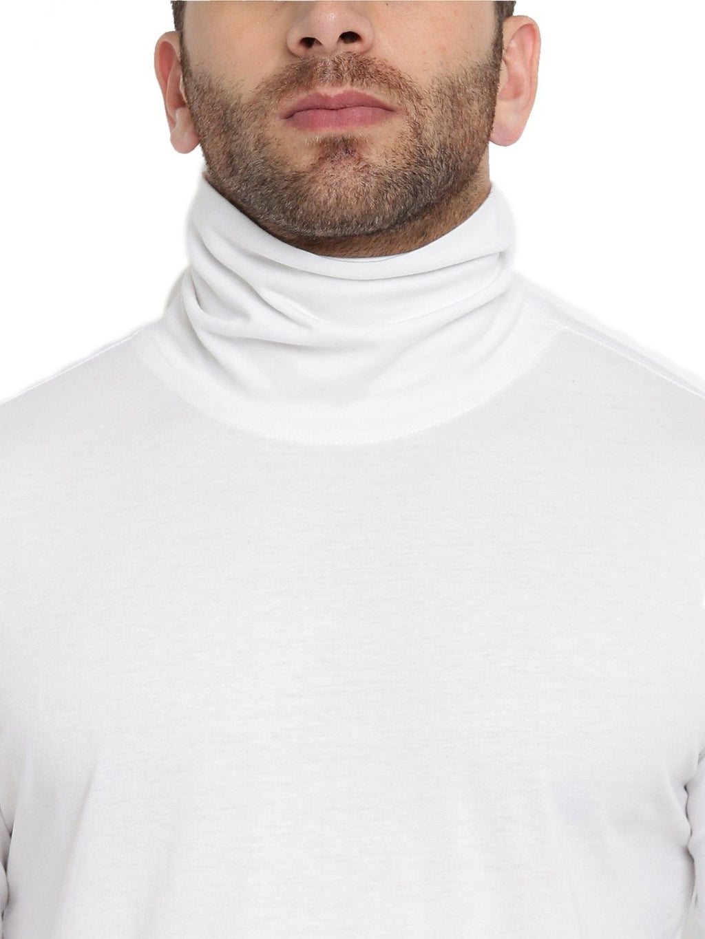 White Men Full Sleeve Cotton High Neck T-Shirt