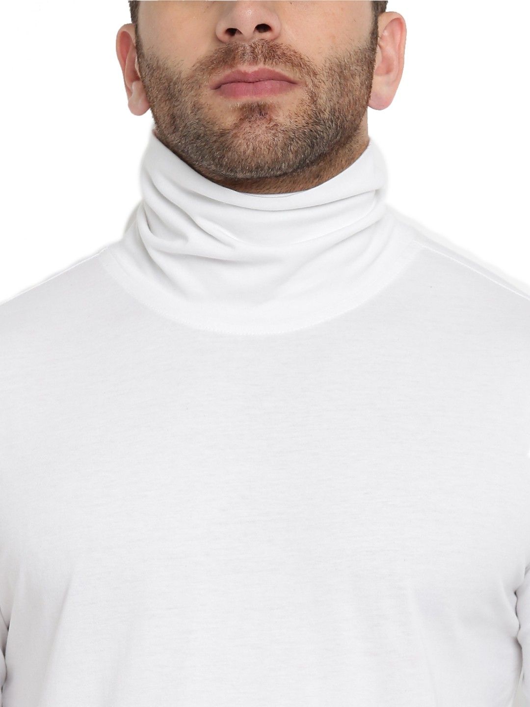 White Men Full Sleeve Cotton High Neck T-Shirt