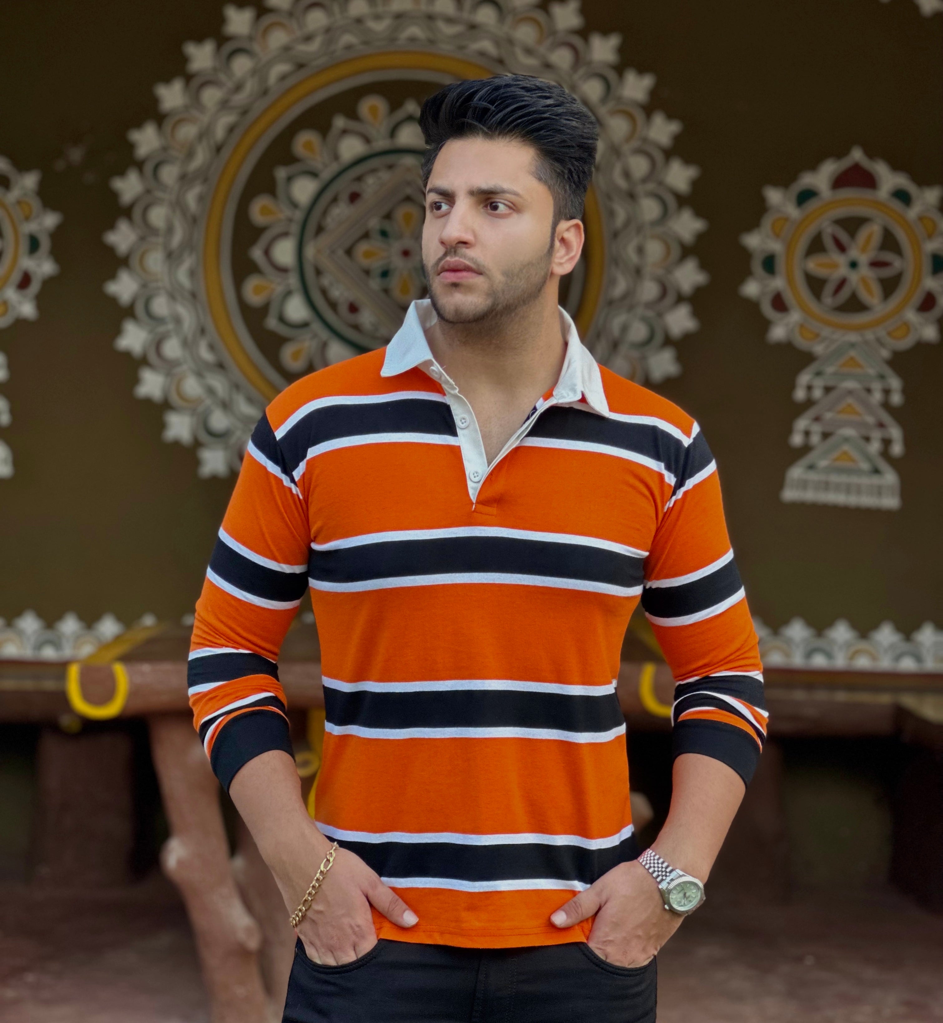 Orange Black Striped Polo T-Shirt