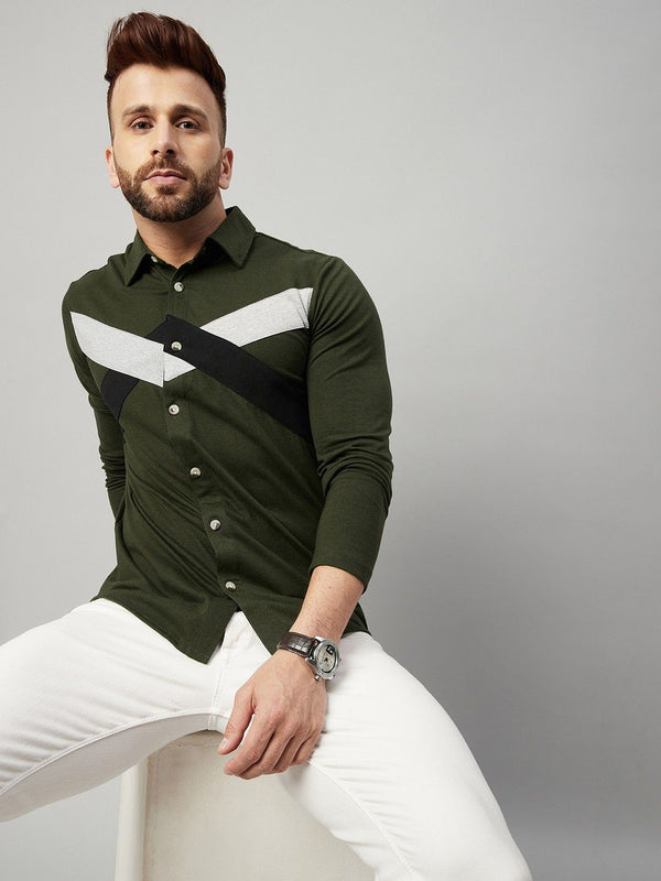 Olive Full Sleeve Colorblocked Shirts