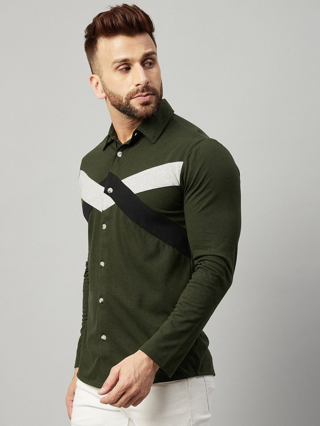 Olive Full Sleeve Colorblocked Shirts