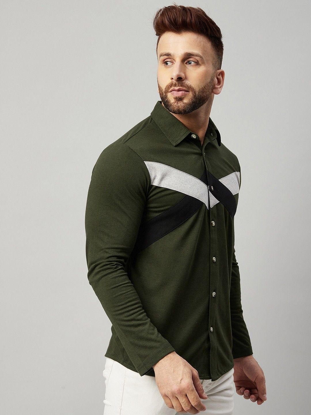 Olive Full Sleeve Colorblocked Shirts