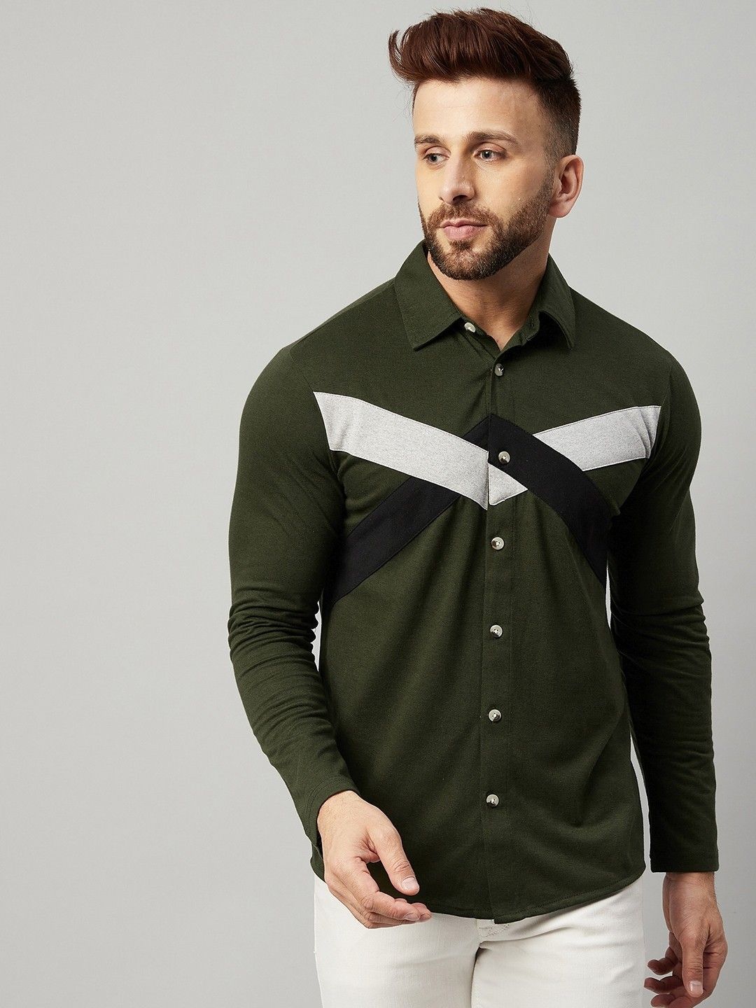 Olive Full Sleeve Colorblocked Shirts