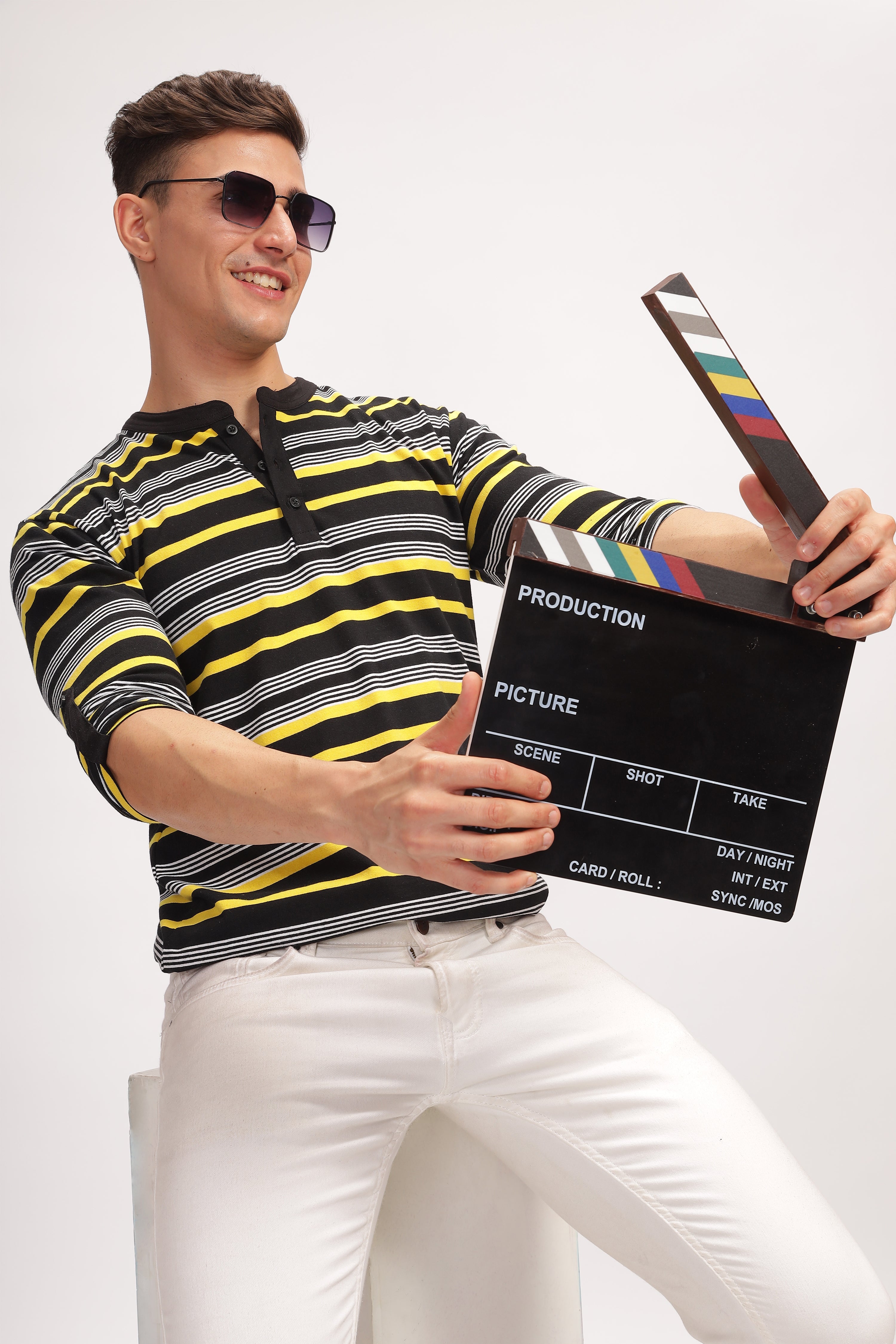 Black Striped Henley Neck T-Shirt