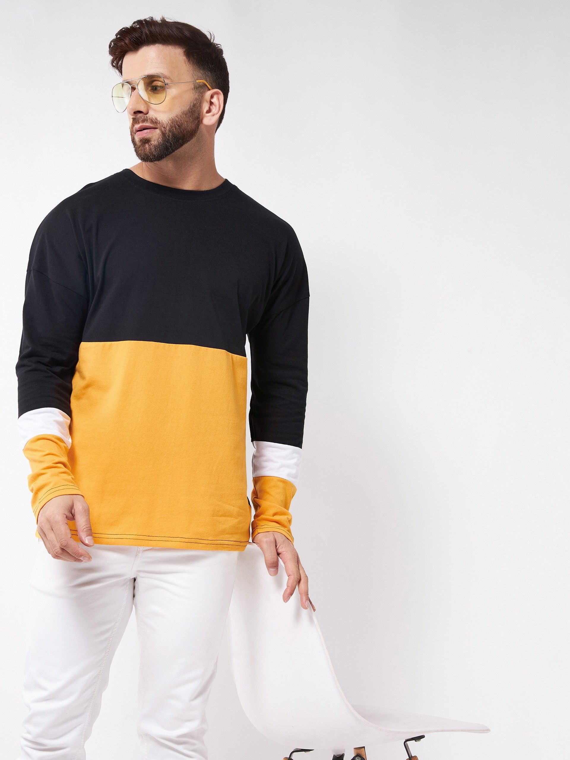 Black Yellow Oversized Color Block Cotton T-Shirt