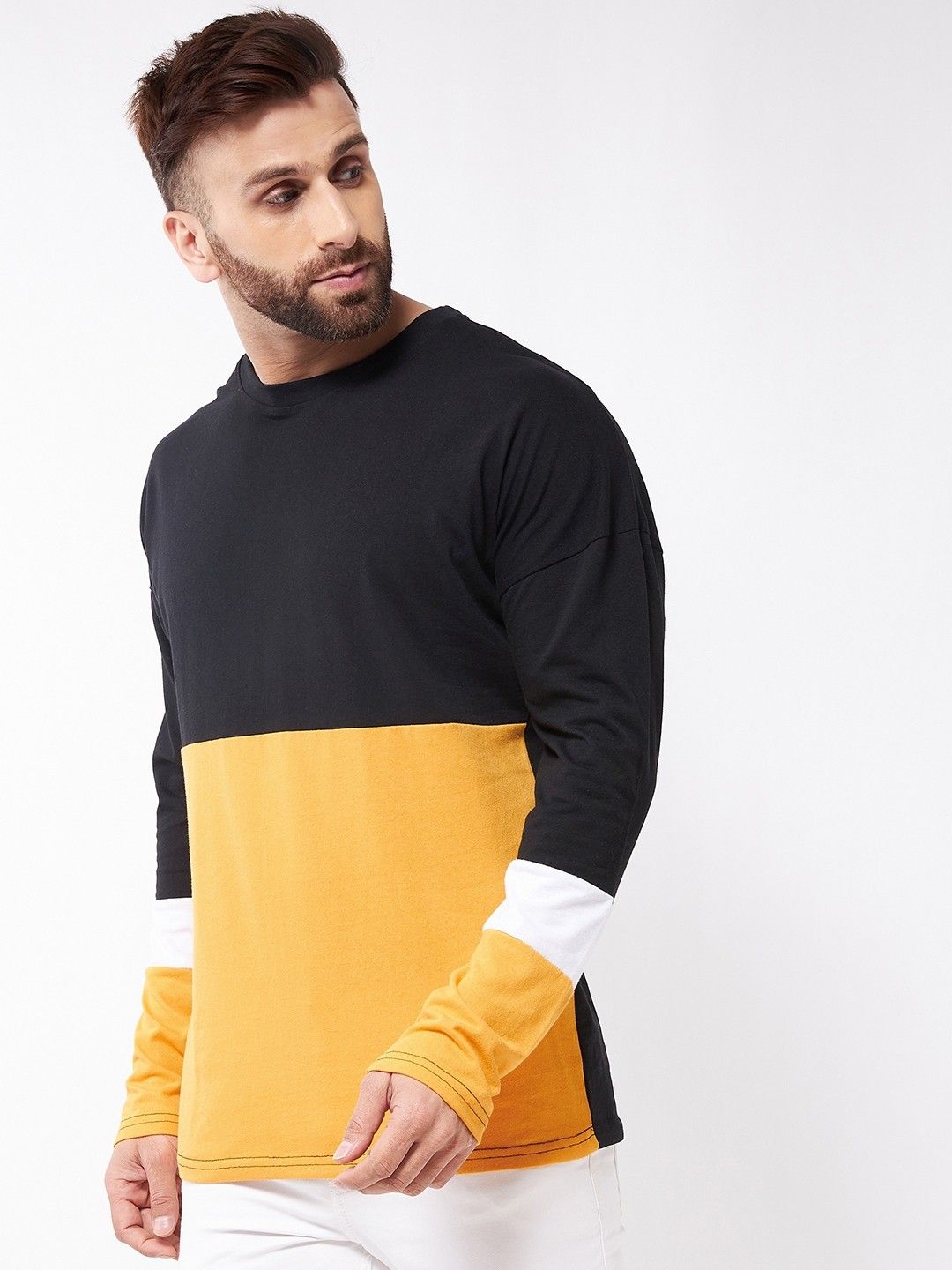 Black Yellow Oversized Color Block Cotton T-Shirt
