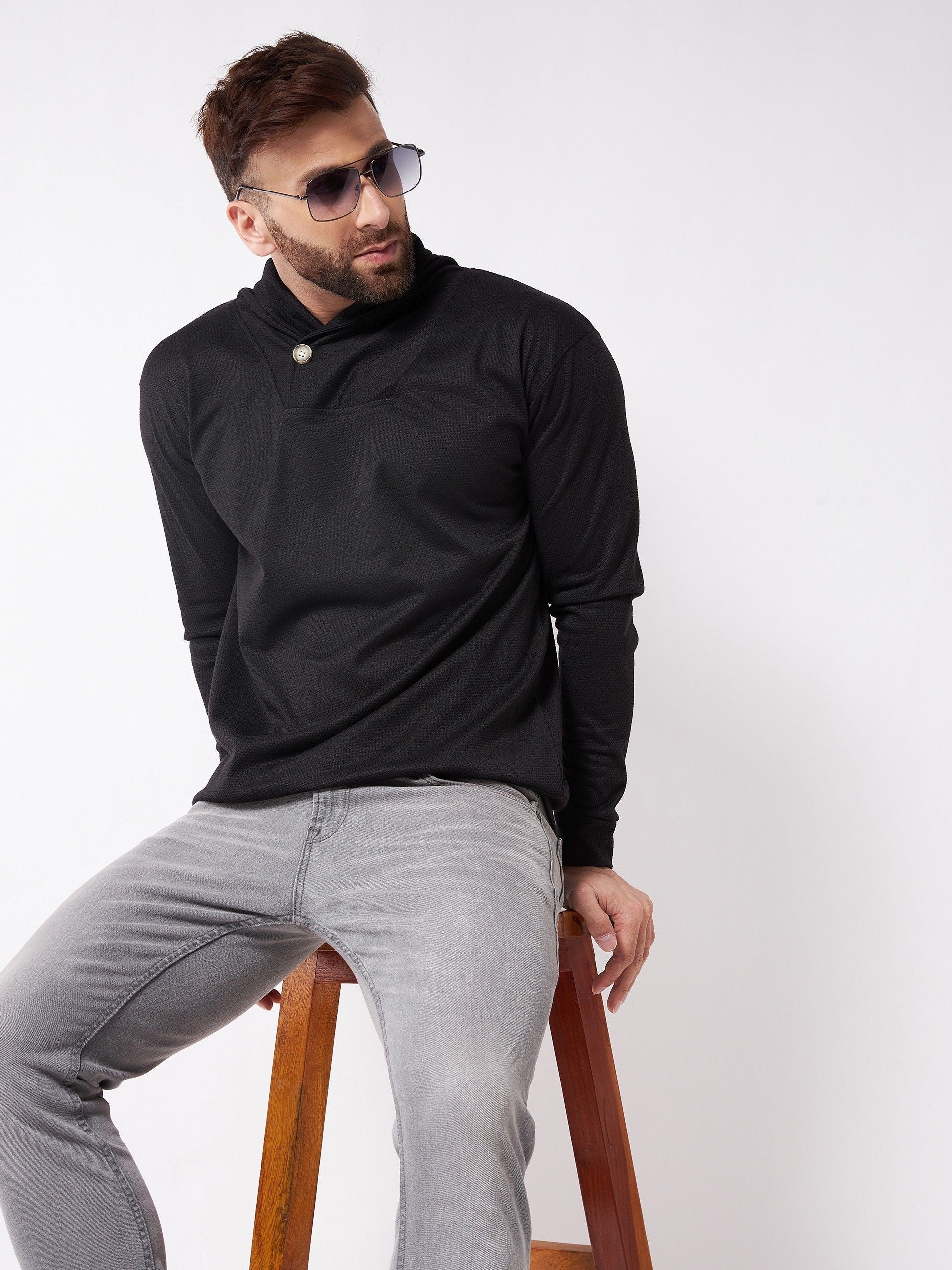 Black Full Sleeve High Neck Cotton T-Shirt