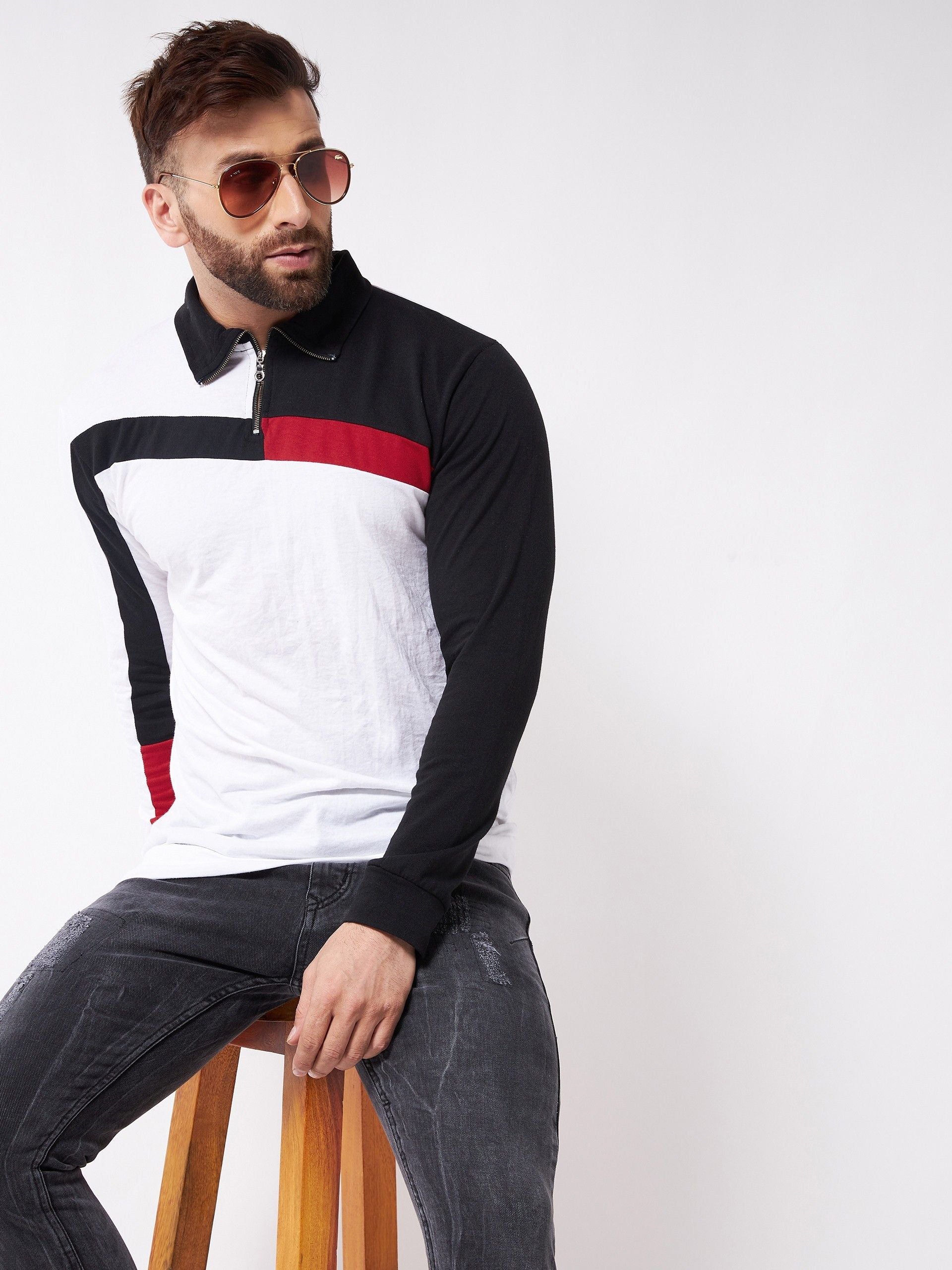 White Color Blocked Cotton Full Sleeve T-Shirt