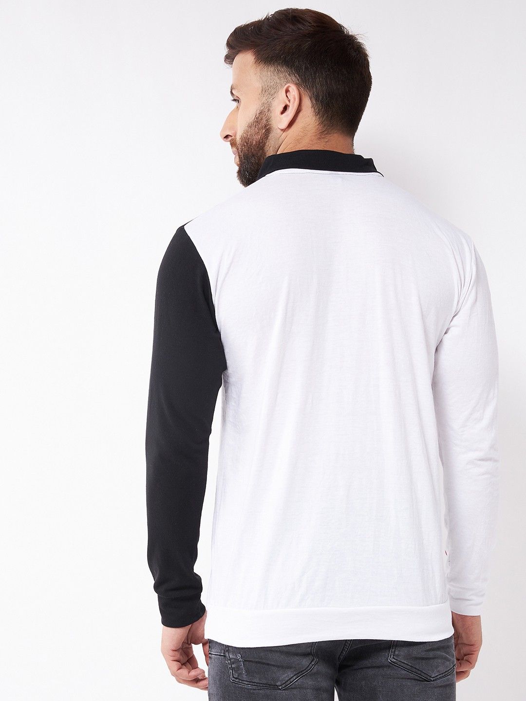 White Color Blocked Cotton Full Sleeve T-Shirt