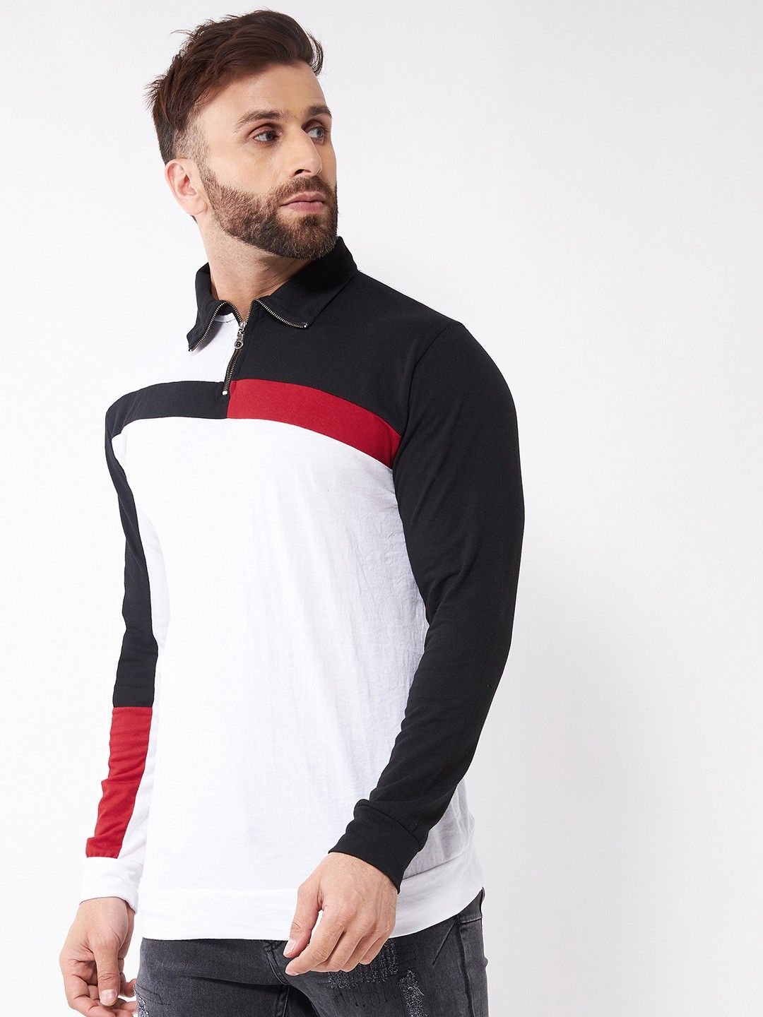 White Color Blocked Cotton Full Sleeve T-Shirt