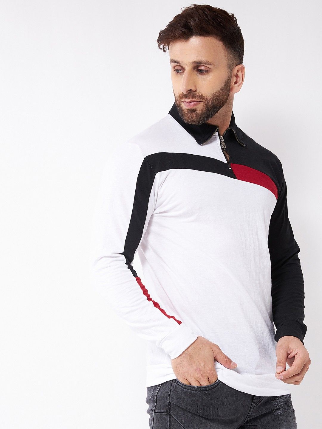 White Color Blocked Cotton Full Sleeve T-Shirt