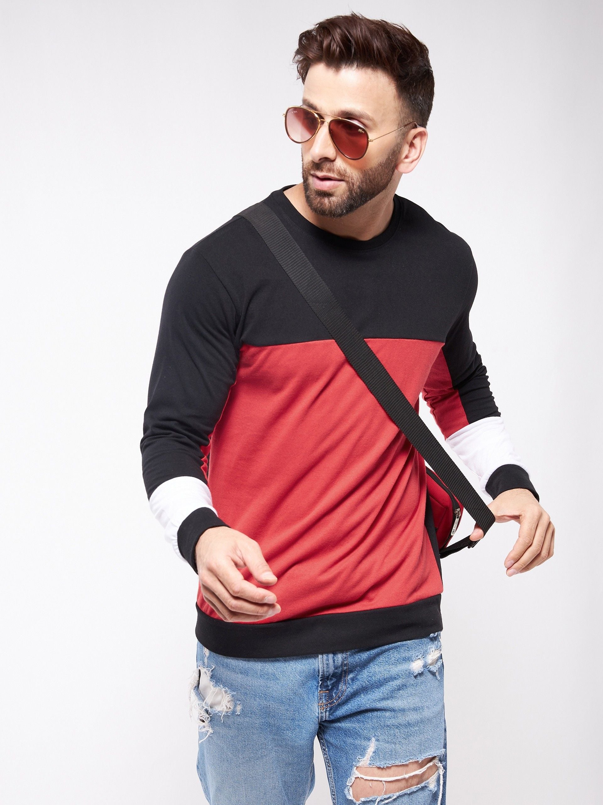 Red Full Sleeve Color Blocked Cotton Oversized T-Shirt