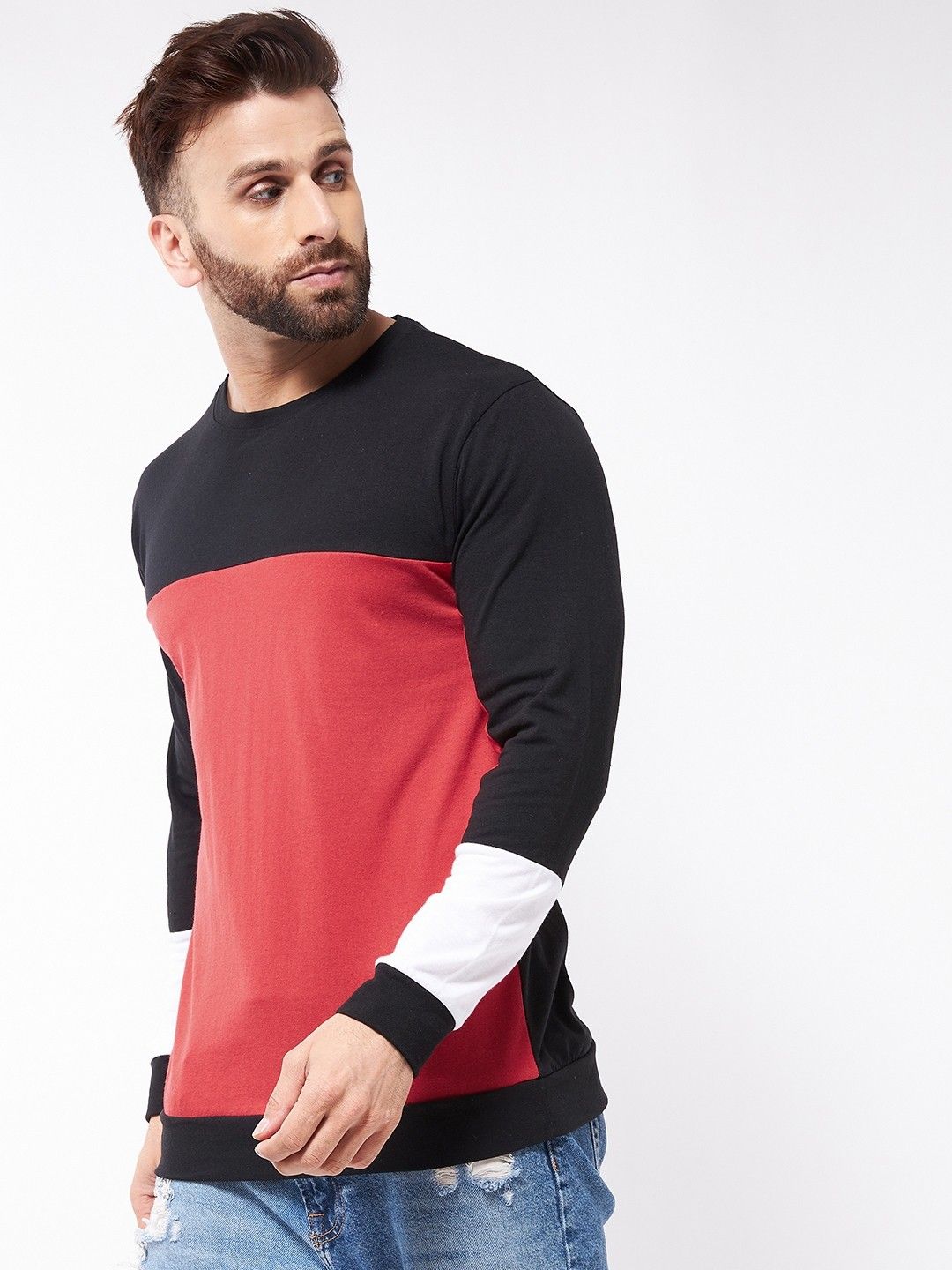 Red Full Sleeve Color Blocked Cotton Oversized T-Shirt