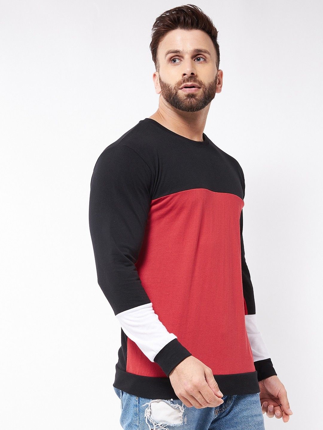 Red Full Sleeve Color Blocked Cotton Oversized T-Shirt