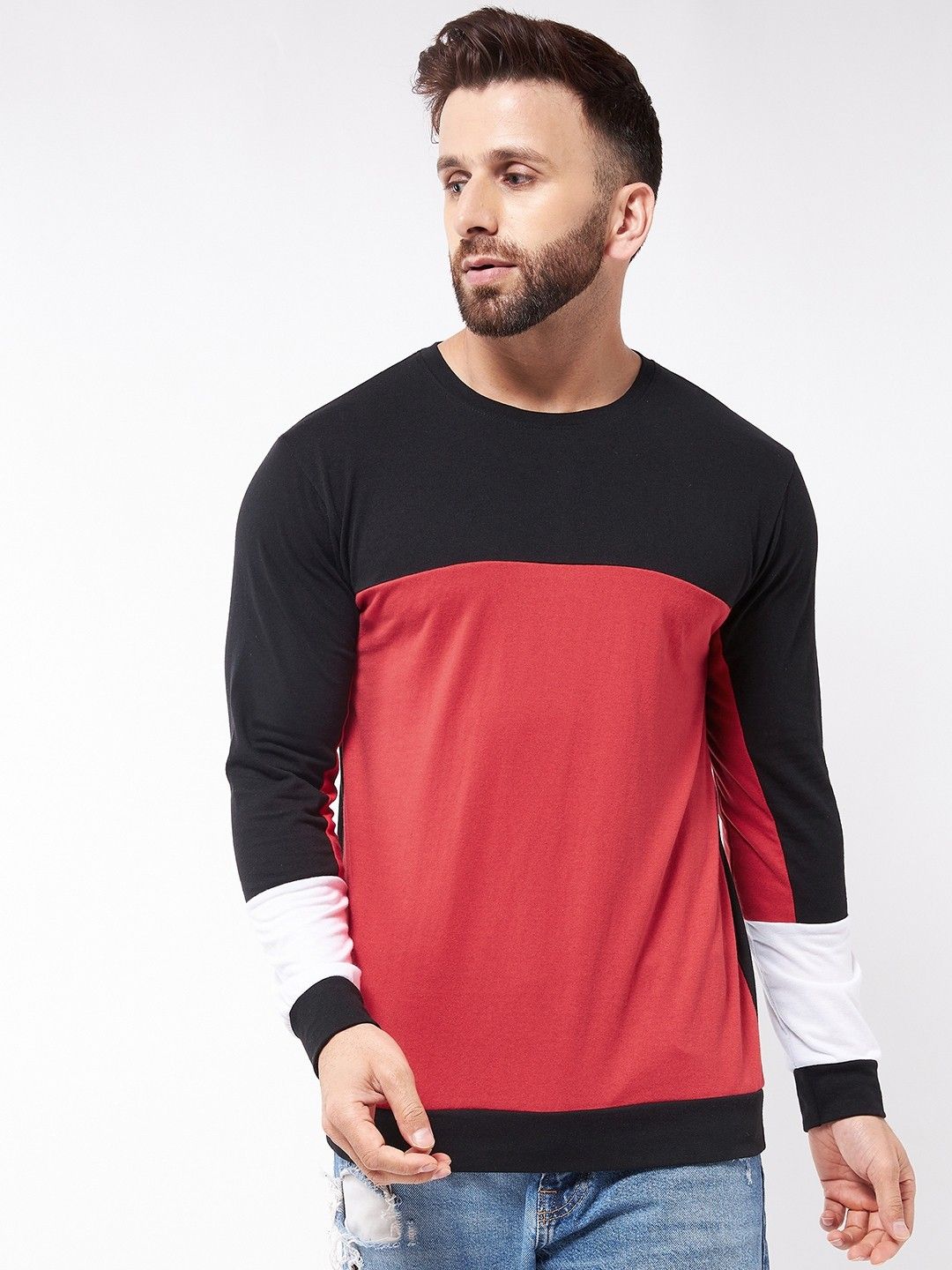 Red Full Sleeve Color Blocked Cotton Oversized T-Shirt